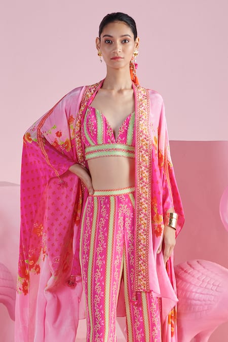 Buy_Mandira Wirk - Indian_Multi Color Crepe Embroidery Sweetheart Neck Floral Print Cape Pant Set _Online_at_Aza_Fashions