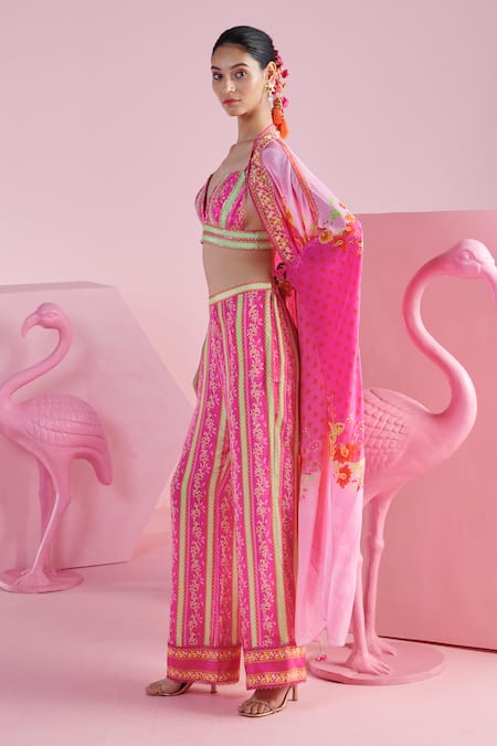 Shop_Mandira Wirk - Indian_Multi Color Crepe Embroidery Sweetheart Neck Floral Print Cape Pant Set _Online_at_Aza_Fashions