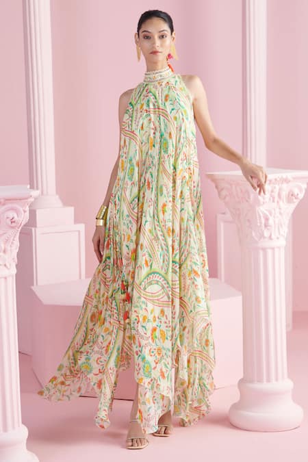 MANDIRA WIRK - Indian Ivory Chiffon Printed Floral Halter Asymmetric Maxi Dress 