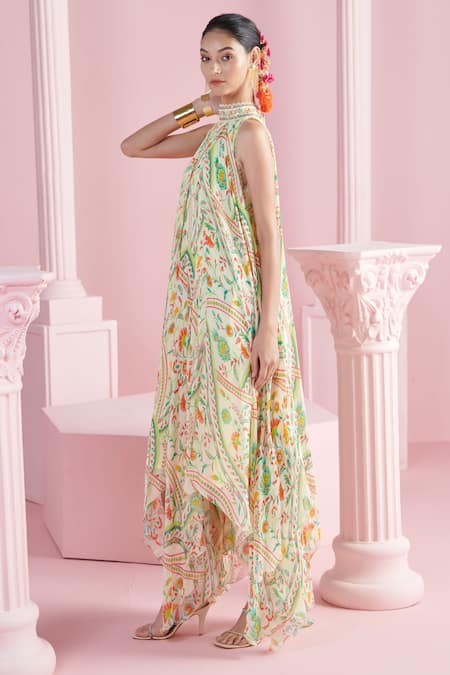 Mandira Wirk - Indian Ivory Chiffon Halter Neck Floral Print Asymmetric Maxi Dress Online at Aza Fashions Mandira Wirk - Indian_Ivory Chiffon Halter Neck Floral Print Asymmetric Maxi Dress _Online_at_Aza_Fashions