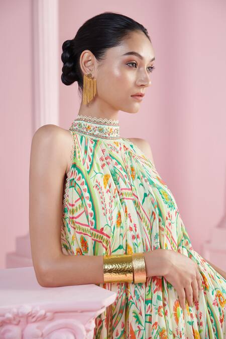 Shop Mandira Wirk - Indian Ivory Chiffon Halter Neck Floral Print Asymmetric Maxi Dress Online at Aza Fashions Shop_Mandira Wirk - Indian_Ivory Chiffon Halter Neck Floral Print Asymmetric Maxi Dress _Online_at_Aza_Fashions