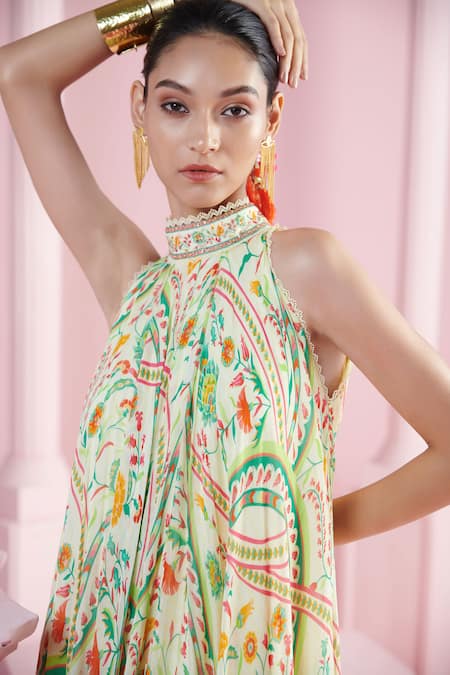 Mandira Wirk - Indian Ivory Chiffon Halter Neck Floral Print Asymmetric Maxi Dress at Aza Fashions Mandira Wirk - Indian_Ivory Chiffon Halter Neck Floral Print Asymmetric Maxi Dress _at_Aza_Fashions