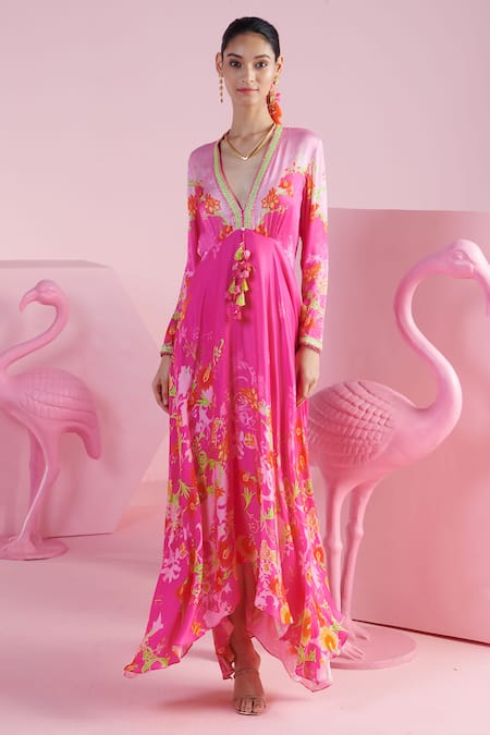 MANDIRA WIRK - Indian Pink Modal Satin Printed Floral Plunging V Sema Blossom Asymmetric Kaftan 