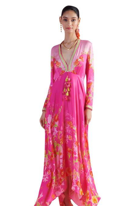 Mandira Wirk - Indian_Pink Modal, Satin Tassels Plunge Neck Sema Blossom Print Asymmetric Kaftan _Online_at_Aza_Fashions