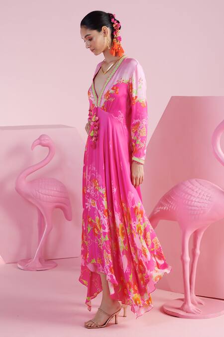 Buy_Mandira Wirk - Indian_Pink Modal, Satin Tassels Plunge Neck Sema Blossom Print Asymmetric Kaftan _Online_at_Aza_Fashions