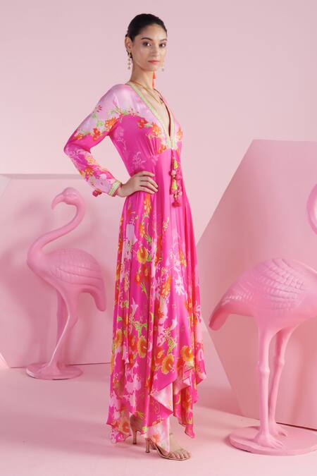 Shop_Mandira Wirk - Indian_Pink Modal, Satin Tassels Plunge Neck Sema Blossom Print Asymmetric Kaftan _Online_at_Aza_Fashions