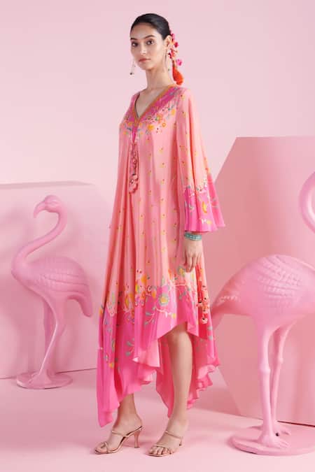 Mandira Wirk - Indian_Pink Crepe Embroidery V-neck Nilay Floral Print Asymmetric Kaftan _Online_at_Aza_Fashions