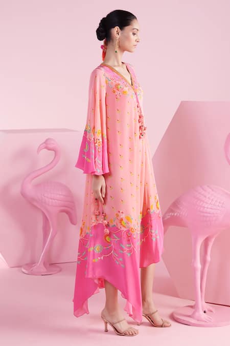 Shop_Mandira Wirk - Indian_Pink Crepe Embroidery V-neck Nilay Floral Print Asymmetric Kaftan _Online_at_Aza_Fashions