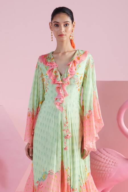 Mandira Wirk - Indian_Green Crepe Embroidery V-neck Arda Iznik Printed Asymmetric Kaftan _Online_at_Aza_Fashions