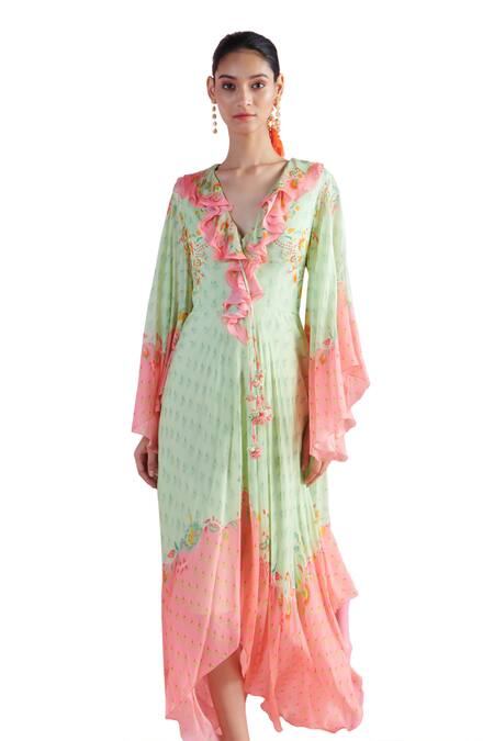 Buy_Mandira Wirk - Indian_Green Crepe Embroidery V-neck Arda Iznik Printed Asymmetric Kaftan _Online_at_Aza_Fashions