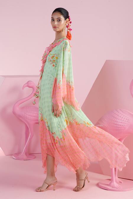 Mandira Wirk - Indian_Green Crepe Embroidery V-neck Arda Iznik Printed Asymmetric Kaftan _at_Aza_Fashions