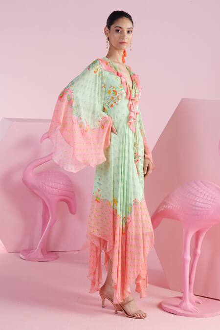 Buy_Mandira Wirk - Indian_Green Crepe Embroidery V-neck Arda Iznik Printed Asymmetric Kaftan 