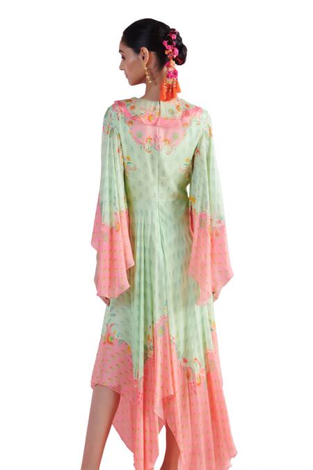 Shop_Mandira Wirk - Indian_Green Crepe Embroidery V-neck Arda Iznik Printed Asymmetric Kaftan 