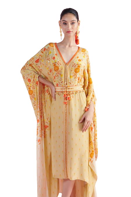 Buy_Mandira Wirk - Indian_Brown Crepe Embroidery, Blossom Cluster Print Asymmetric Kaftan With Belt _Online_at_Aza_Fashions