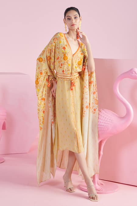 Shop_Mandira Wirk - Indian_Brown Crepe Embroidery, Blossom Cluster Print Asymmetric Kaftan With Belt _Online_at_Aza_Fashions