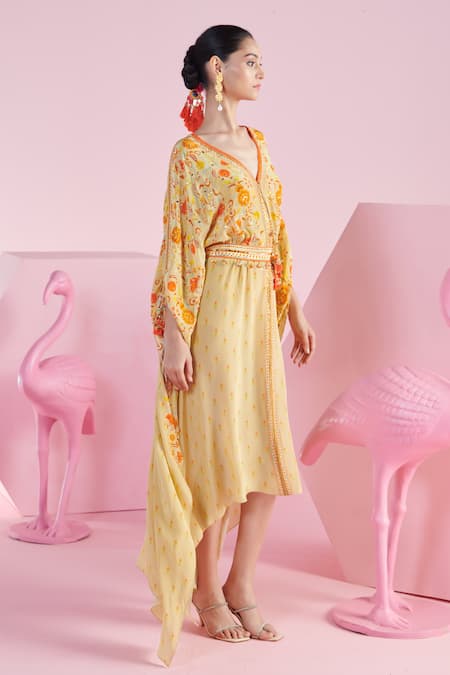 Mandira Wirk - Indian_Brown Crepe Embroidery, Blossom Cluster Print Asymmetric Kaftan With Belt _at_Aza_Fashions