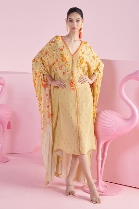Buy_Mandira Wirk - Indian_Brown Crepe Embroidery, Blossom Cluster Print Asymmetric Kaftan With Belt 
