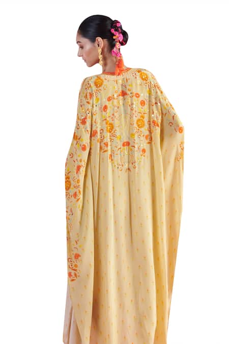 Shop_Mandira Wirk - Indian_Brown Crepe Embroidery, Blossom Cluster Print Asymmetric Kaftan With Belt 