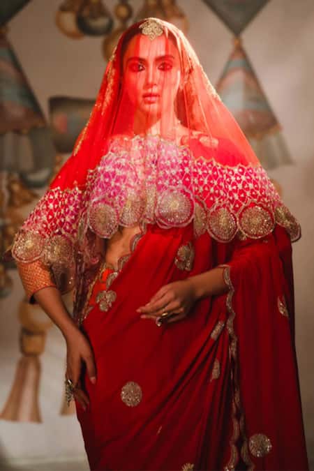 Masaba Red Crepe Embroidery, Sequins Plunge Neck The Gulab Sherbet Saree Set With Veil Online at Aza Fashions Masaba_Red Crepe Embroidery, Sequins Plunge Neck The Gulab Sherbet Saree Set With Veil _Online_at_Aza_Fashions