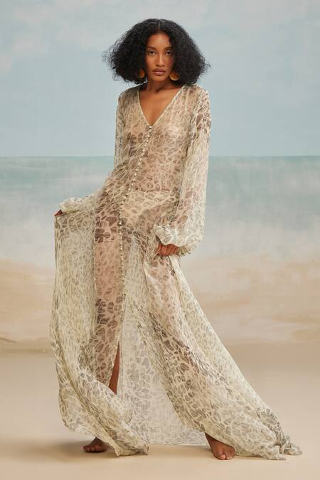 The Iaso Grey Chiffon V-neck Cher Beach Slip On Dress Online at Aza Fashions The Iaso_Grey Chiffon V-neck Cher Beach Slip On Dress _Online_at_Aza_Fashions