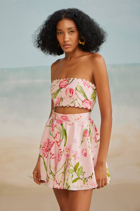 Buy_The Iaso_Pink Modal, Satin Bandeau Neck Shay Floral Print Top _Online_at_Aza_Fashions