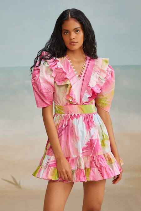 Buy The Iaso Multi Color Cotton V-neck Lolly Ruffle Detailed Short Dress Online at Aza Fashions Buy_The Iaso_Multi Color Cotton V-neck Lolly Ruffle Detailed Short Dress _Online_at_Aza_Fashions