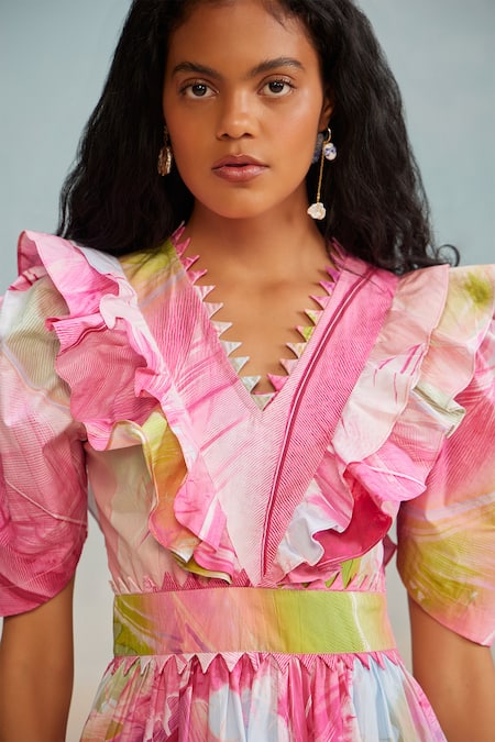 Shop The Iaso Multi Color Cotton V-neck Lolly Ruffle Detailed Short Dress Online at Aza Fashions Shop_The Iaso_Multi Color Cotton V-neck Lolly Ruffle Detailed Short Dress _Online_at_Aza_Fashions