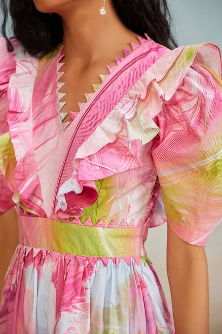 The Iaso Multi Color Cotton V-neck Lolly Ruffle Detailed Short Dress at Aza Fashions The Iaso_Multi Color Cotton V-neck Lolly Ruffle Detailed Short Dress _at_Aza_Fashions