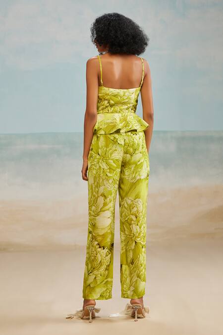 Shop_The Iaso_Green Twill, Modal Jag Floral Print Pant _at_Aza_Fashions