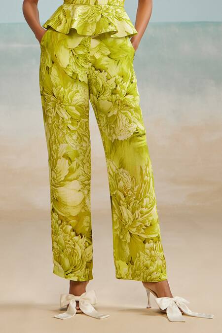 The Iaso_Green Twill, Modal Jag Floral Print Pant _Online_at_Aza_Fashions