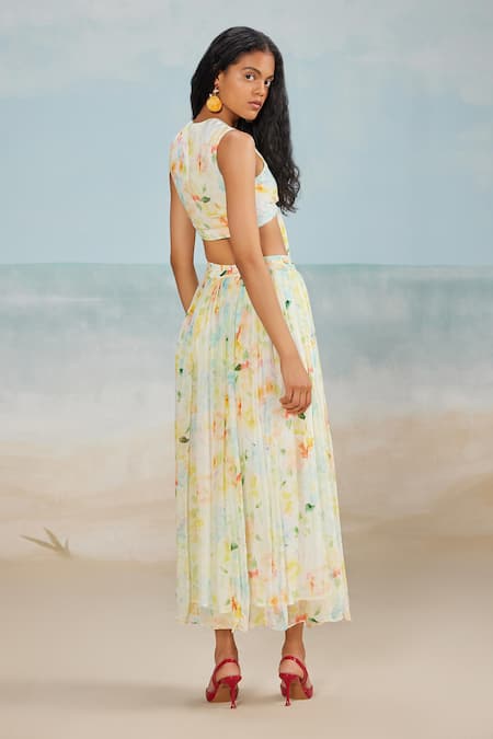 Shop The Iaso White Crepe, Modal Plunge Neck Drew Printed Crop Top at Aza Fashions Shop_The Iaso_White Crepe, Modal Plunge Neck Drew Printed Crop Top _at_Aza_Fashions