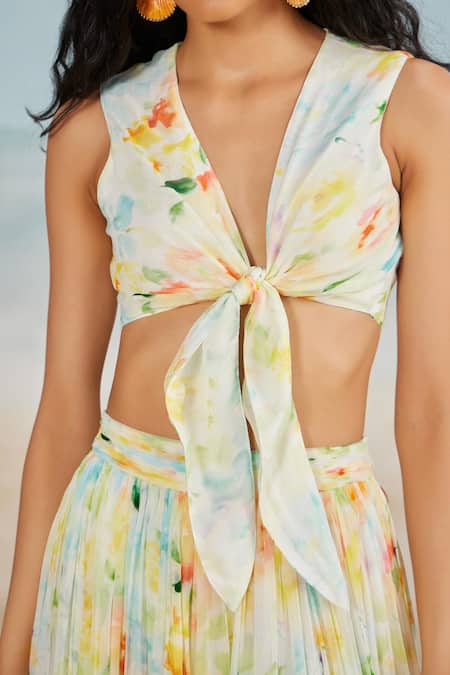 The Iaso White Crepe, Modal Plunge Neck Drew Printed Crop Top Online at Aza Fashions The Iaso_White Crepe, Modal Plunge Neck Drew Printed Crop Top _Online_at_Aza_Fashions