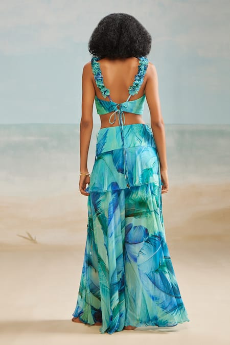 Shop_The Iaso_Blue Viscose, Modal Sweetheart Neck Darla Feather Crop Top _at_Aza_Fashions