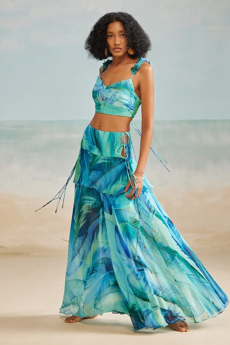 The Iaso_Blue Viscose, Modal Sweetheart Neck Darla Feather Crop Top _Online_at_Aza_Fashions