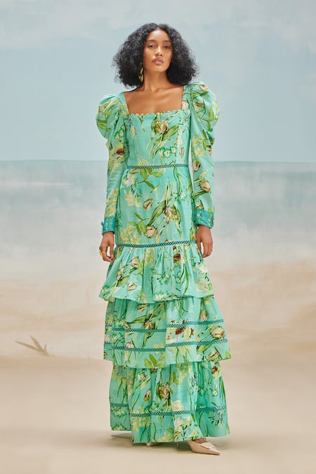 THE IASO Green Slub Schiffli Printed Floral Square Mele Tiered Dress 