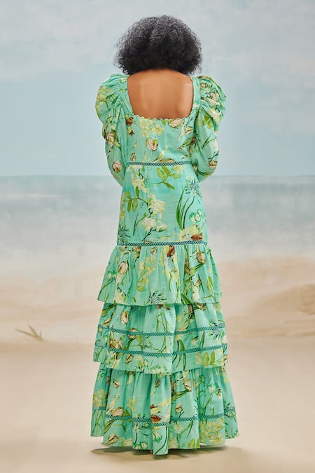 Shop The Iaso Green Modal, Satin Lace Square Neck Mele Floral Print Tiered Dress at Aza Fashions Shop_The Iaso_Green Modal, Satin Lace Square Neck Mele Floral Print Tiered Dress _at_Aza_Fashions