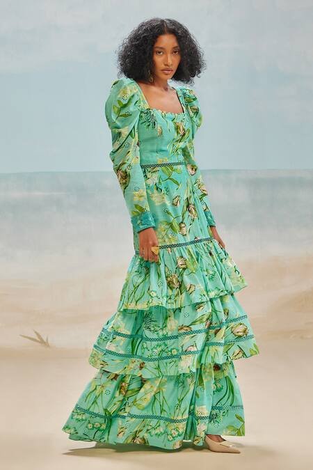 The Iaso Green Modal, Satin Lace Square Neck Mele Floral Print Tiered Dress Online at Aza Fashions The Iaso_Green Modal, Satin Lace Square Neck Mele Floral Print Tiered Dress _Online_at_Aza_Fashions