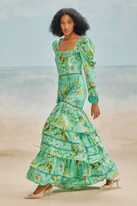 Buy The Iaso Green Modal, Satin Lace Square Neck Mele Floral Print Tiered Dress Online at Aza Fashions Buy_The Iaso_Green Modal, Satin Lace Square Neck Mele Floral Print Tiered Dress _Online_at_Aza_Fashions