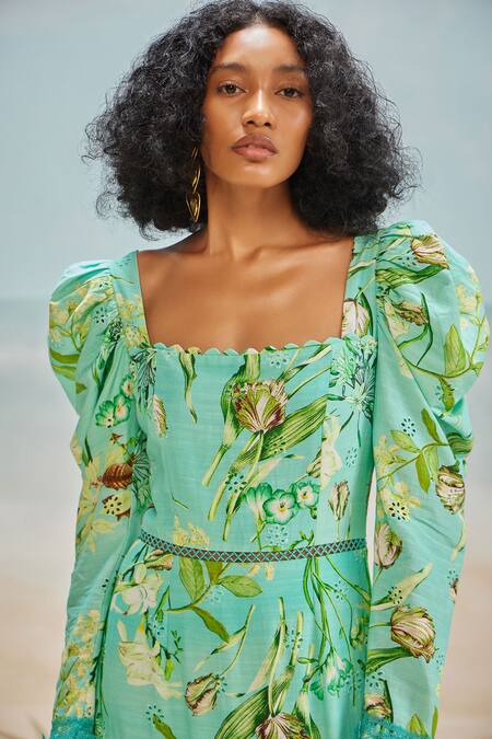 Shop The Iaso Green Modal, Satin Lace Square Neck Mele Floral Print Tiered Dress Online at Aza Fashions Shop_The Iaso_Green Modal, Satin Lace Square Neck Mele Floral Print Tiered Dress _Online_at_Aza_Fashions