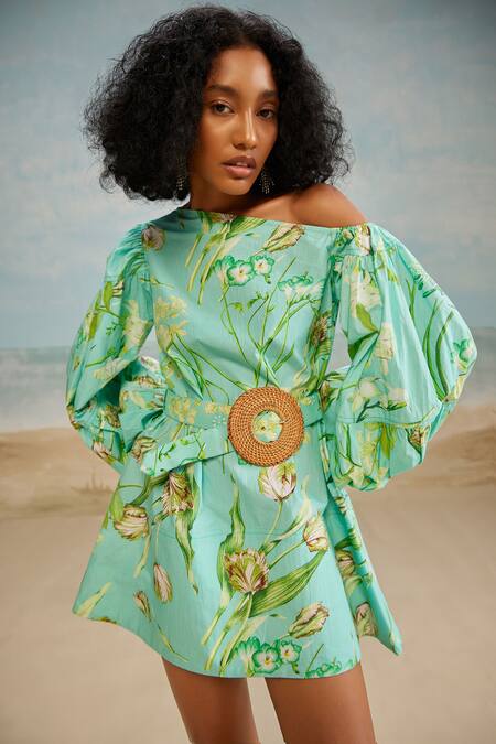 The Iaso Green Cotton Buckles One Shoulder Mele Dress With Belt Online at Aza Fashions The Iaso_Green Cotton Buckles One Shoulder Mele Dress With Belt _Online_at_Aza_Fashions