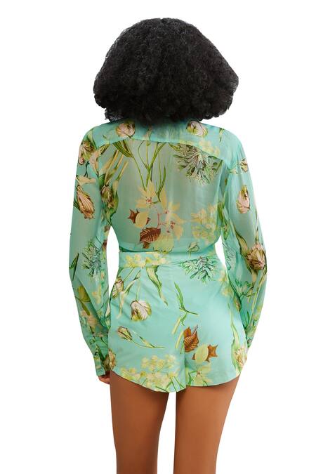 The Iaso_Green Cotton Mele Floral Print Shorts _at_Aza_Fashions