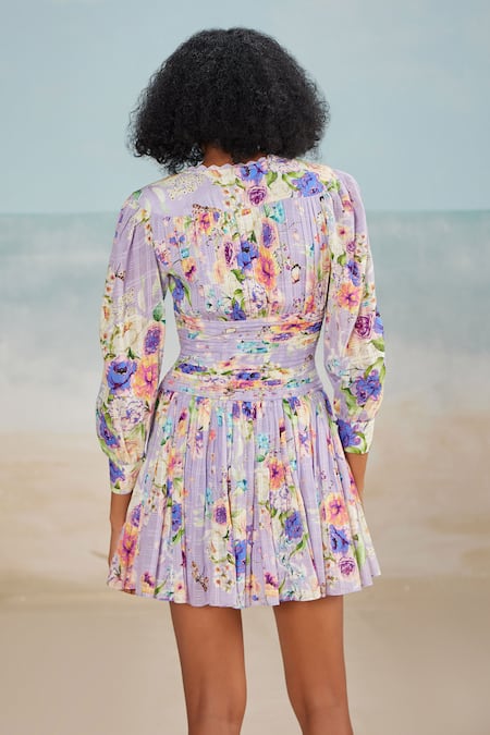Shop The Iaso Purple Modal, Cotton V-neck Floral Print Flared Short Dress at Aza Fashions Shop_The Iaso_Purple Modal, Cotton V-neck Floral Print Flared Short Dress _at_Aza_Fashions