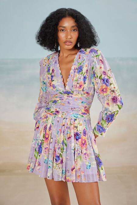 The Iaso Purple Modal, Cotton V-neck Floral Print Flared Short Dress Online at Aza Fashions The Iaso_Purple Modal, Cotton V-neck Floral Print Flared Short Dress _Online_at_Aza_Fashions