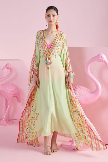 MANDIRA WIRK - Indian Green Crepe Printed Floral Plunge V Neck Nehir Stripe Kaftan With Bralette 