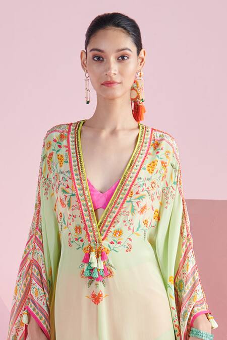 Mandira Wirk - Indian_Green V-neck Nehir Floral Stripe Print Kaftan With Bralette _Online_at_Aza_Fashions