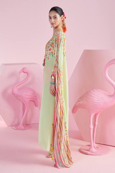 Buy_Mandira Wirk - Indian_Green V-neck Nehir Floral Stripe Print Kaftan With Bralette _Online_at_Aza_Fashions