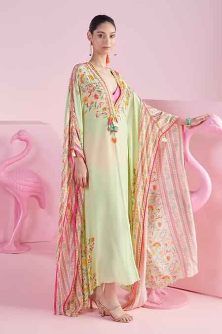 Shop_Mandira Wirk - Indian_Green V-neck Nehir Floral Stripe Print Kaftan With Bralette _Online_at_Aza_Fashions
