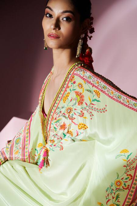 Mandira Wirk - Indian_Green V-neck Nehir Floral Stripe Print Kaftan With Bralette _at_Aza_Fashions