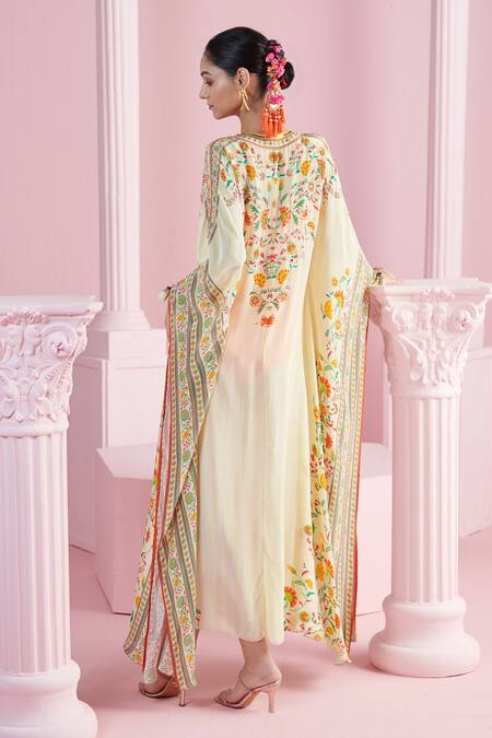 Shop_Mandira Wirk - Indian_Ivory Crepe Tassels, Beads Plunge Neck Iznik Print Kaftan With Bralette _at_Aza_Fashions