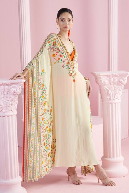 Mandira Wirk - Indian_Ivory Crepe Tassels, Beads Plunge Neck Iznik Print Kaftan With Bralette _Online_at_Aza_Fashions